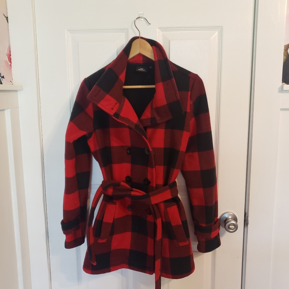 Buffalo plaid tie waist fleece coat